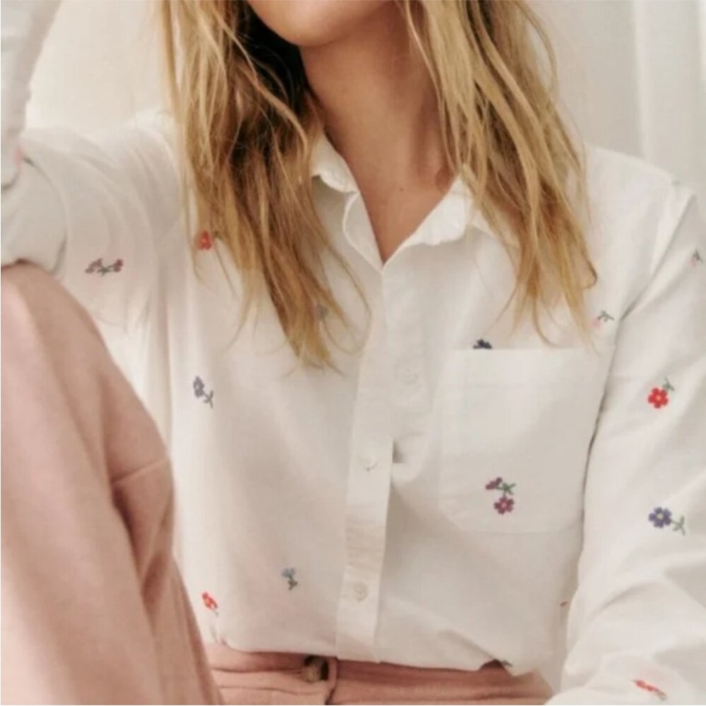 Sezane Tomboy Floral Embroidered White Button-Up Shirt